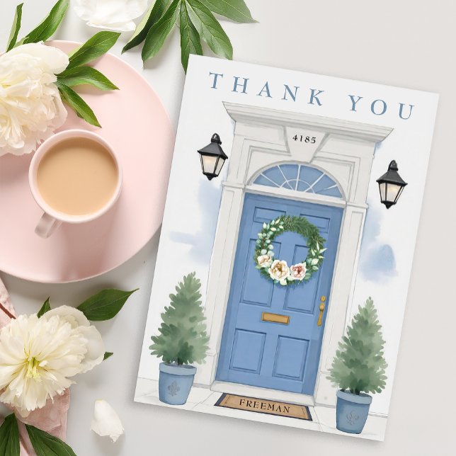 Elegant Blue Front Door Housewarming  Tack Kort (Thank you card)