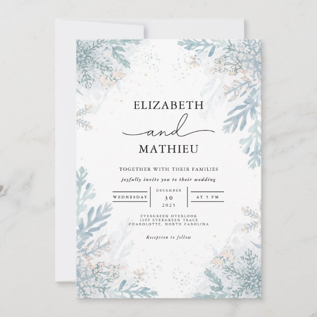Elegant Blue Frost Botanical Winter Wedding Inbjudningar (Framsida)