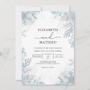 Elegant Blue Frost Botanical Winter Wedding Inbjudningar