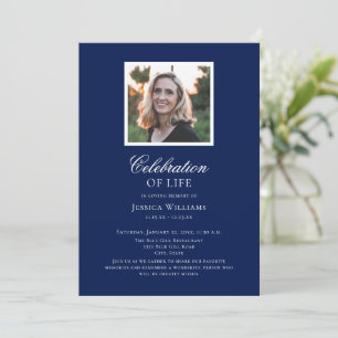 Elegant Blue Funeral Photo Firande of Life Inbjudningar