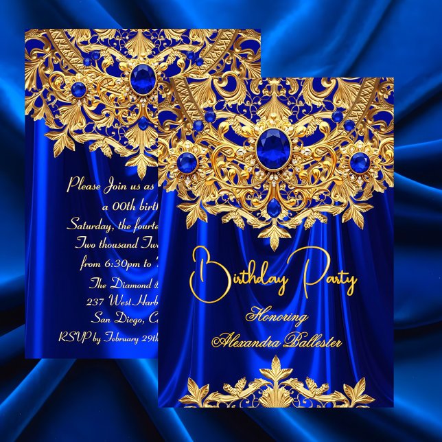 Elegant Blue Gems Gold Lace Damask Birthday Party Inbjudningar (Skapare uppladdad)