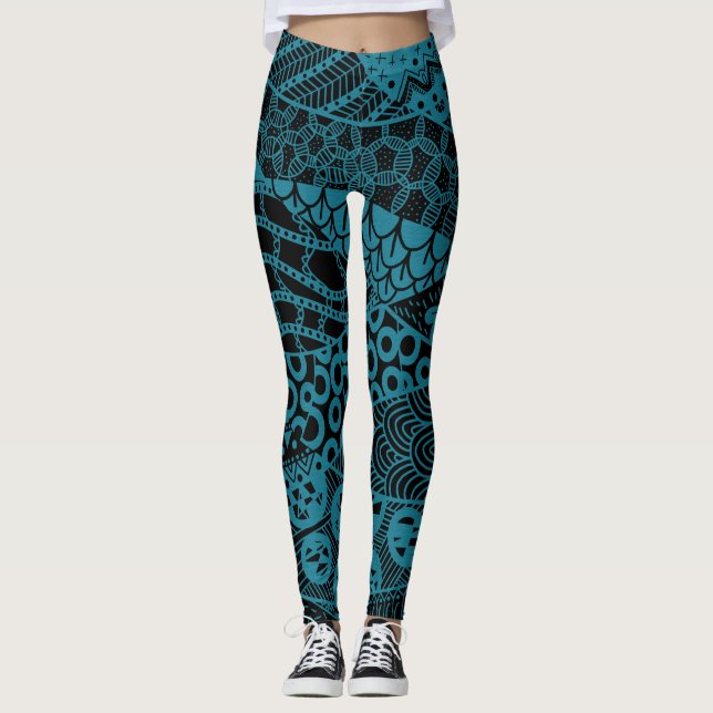 Elegant Blue Geometric Abstrakt Tribal Mönster | Leggings (Framsida)