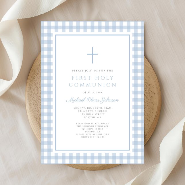 Elegant Blue Gingham Boy First Communion Inbjudningar (Elegant Blue Gingham Boy First Communion Invitation)