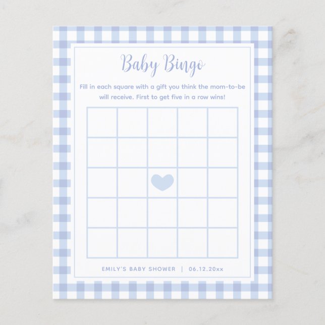 Elegant Blue Gingham Boy Shower Bingo Game (Framsida)
