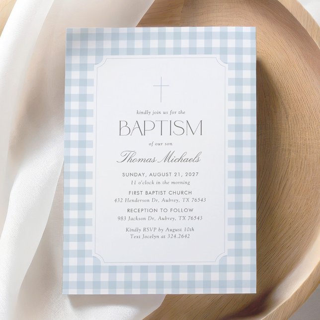 Elegant Blue Gingham Cross Boy Baptism Inbjudningar (Skapare uppladdad)