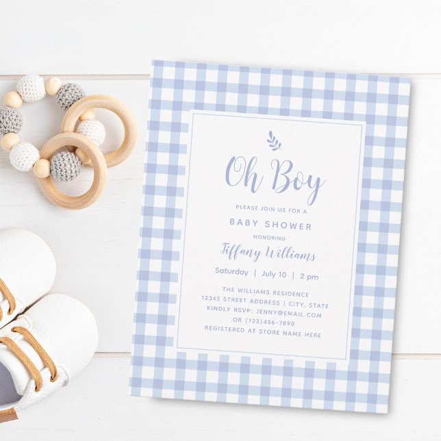 Elegant Blue Gingham Play Cute Oh Boy Baby Shower Inbjudningar (Skapare uppladdad)