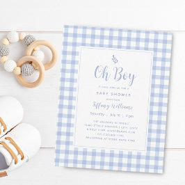 Elegant Blue Gingham Play Cute Oh Boy Baby Shower Inbjudningar