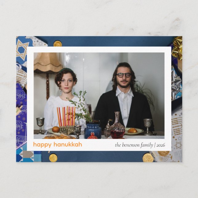 Elegant Blue Glad Hanukkah Familj 1 Foto Helg Vykort (Framsida)