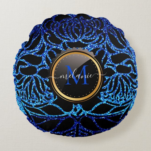 Elegant Blue Glitter Black Zebra Animal Print Rund Kudde (Framsidan)