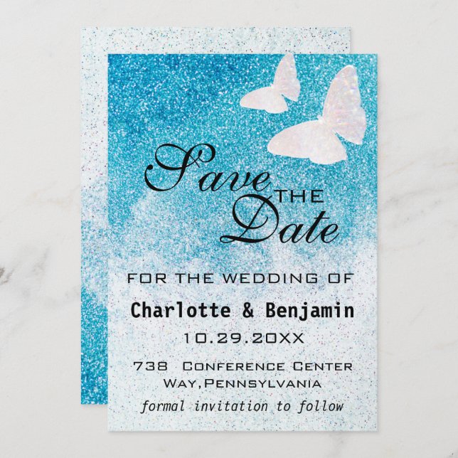 Elegant Blue Glitter Butterfly Spara datum Spara Datumet (Fram/baksida)