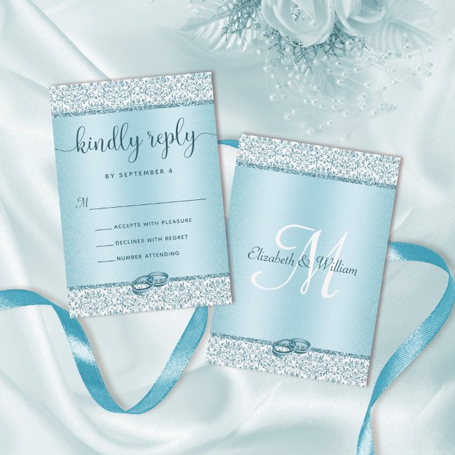 Elegant Blue Glitter Monogram Bröllop OSA Kort (Skapare uppladdad)