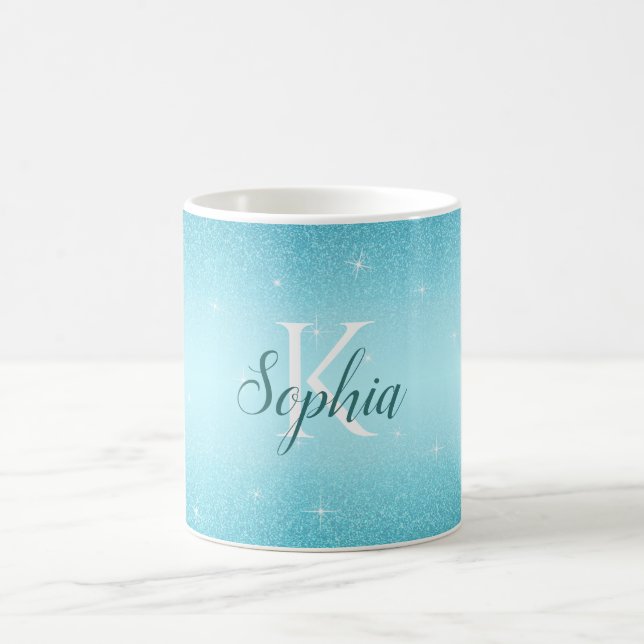 Elegant Blue Gnistra Glitter Monogram Namn Kaffemugg (Center)