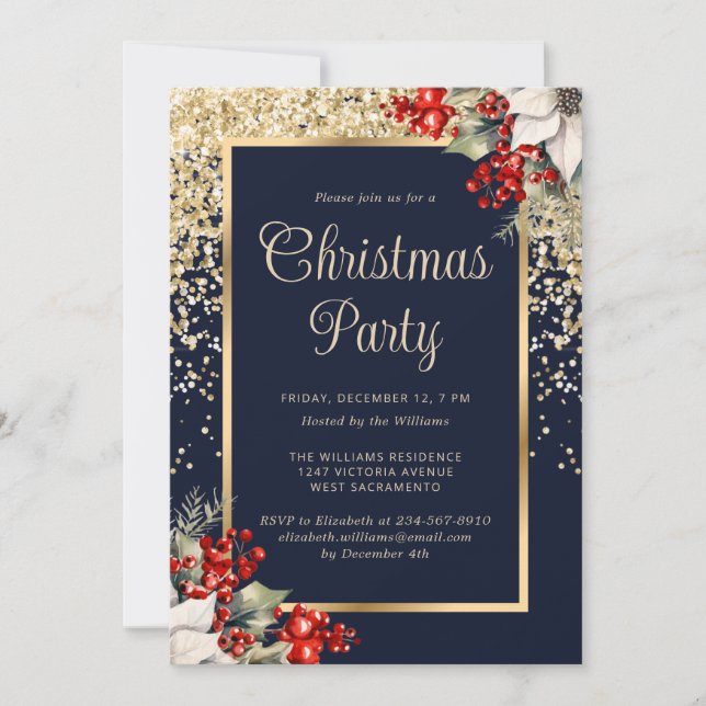 Elegant Blue Gold Botanical Christmas Party Inbjudningar (Framsida)