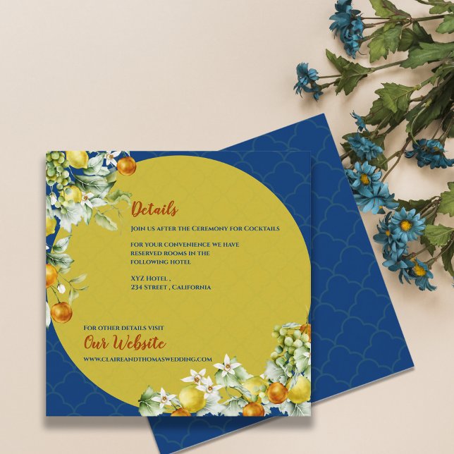 Elegant Blue Gold Citrus Floral Wedding Details Tilläggskort (Elegant Blue Gold Citrus Floral Wedding Details Enclosure Card)