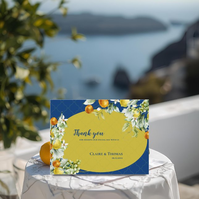 Elegant Blue Gold Citrus Floral Wedding Thank You Vykort (Elegant Blue Gold Citrus Floral Wedding Thank You Postcard)