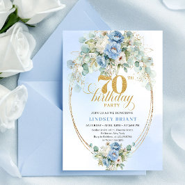 Elegant Blue Gold Floral 70th Birthday Invitation  Inbjudningar