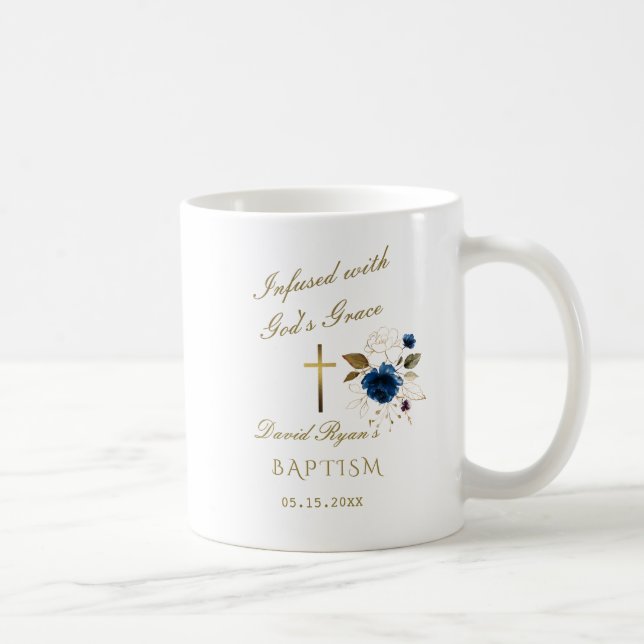 Elegant Blue Gold Floral Calligraphy Boy Baptism Kaffemugg (Höger)