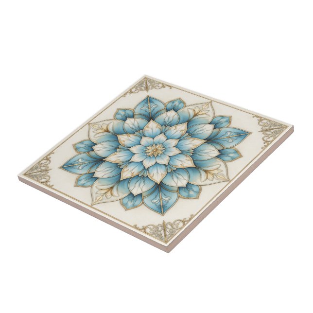 Elegant Blue Gold Floral Mandala Ceramic Tile Kakelplatta (Sidan)