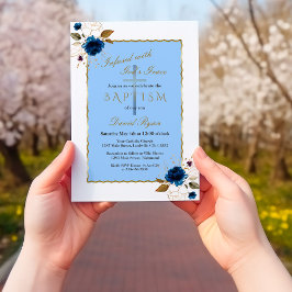 Elegant Blue Gold Flowers Boy Baptism Inbjudningar