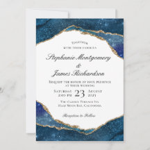 Elegant Blue Gold Foil Agate Watercolor Bröllop