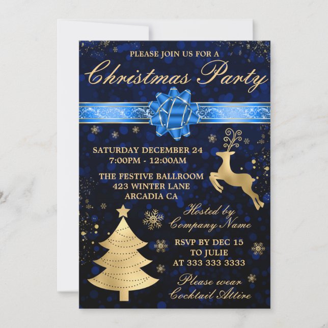 Elegant Blue & Gold Foil Ribbon jul Party Inbjudningar (Framsida)
