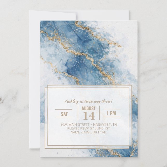 Elegant Blue Gold Glitter Abstract Flow            Inbjudningar (Framsida)