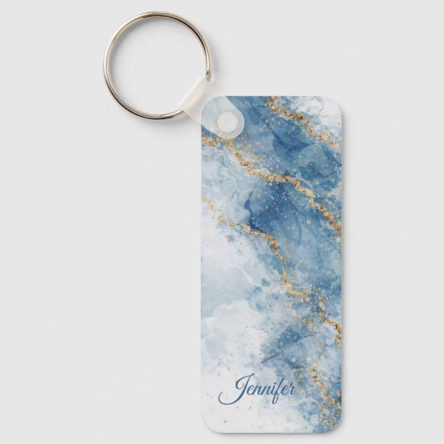 Elegant Blue Gold Glitter Abstract Flow            Nyckelring (Framsida)