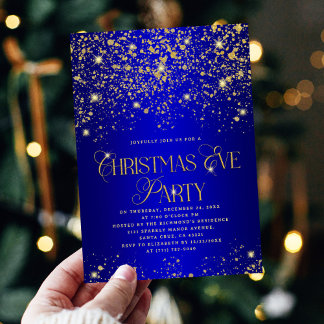 Elegant Blue Gold Glitter Christmas Eve Party Inbjudningar