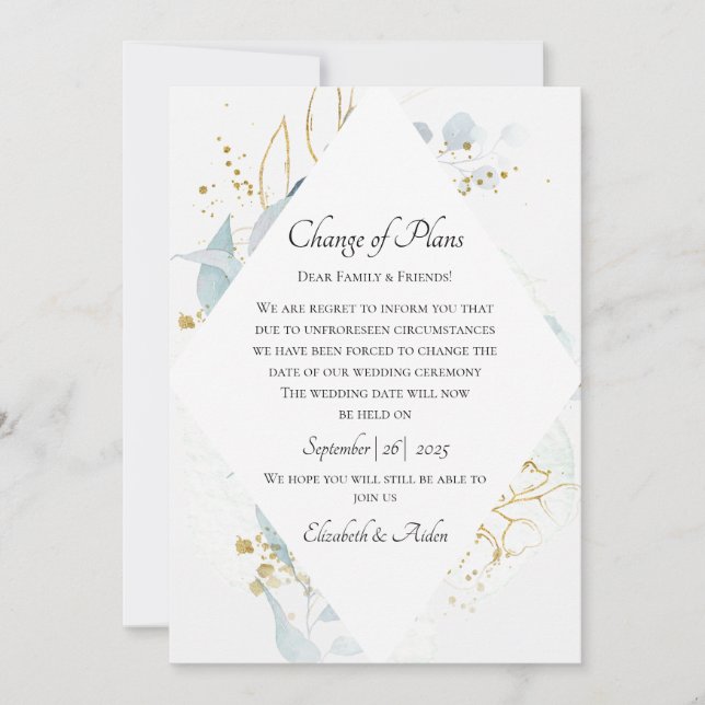 Elegant Blue Gold( Imitat) Watercolour Wedding Inbjudningar (Framsida)