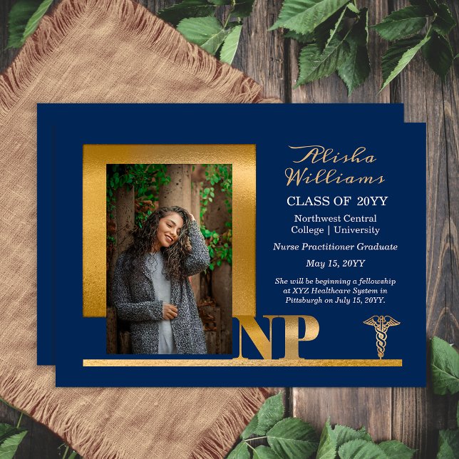 Elegant Blue Gold NP Nurse Practitioner Meddelande (Elegant blue and gold NP graduation announcement with modern photo layout)
