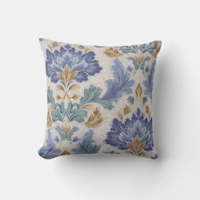 Elegant Blue & Gold Ornamental Floral Throw Pillow Kudde (Framsida)