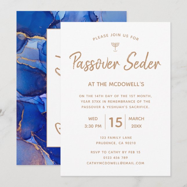 Elegant Blue Gold Passah Seder-inbjudan Inbjudningar (Fram/baksida)