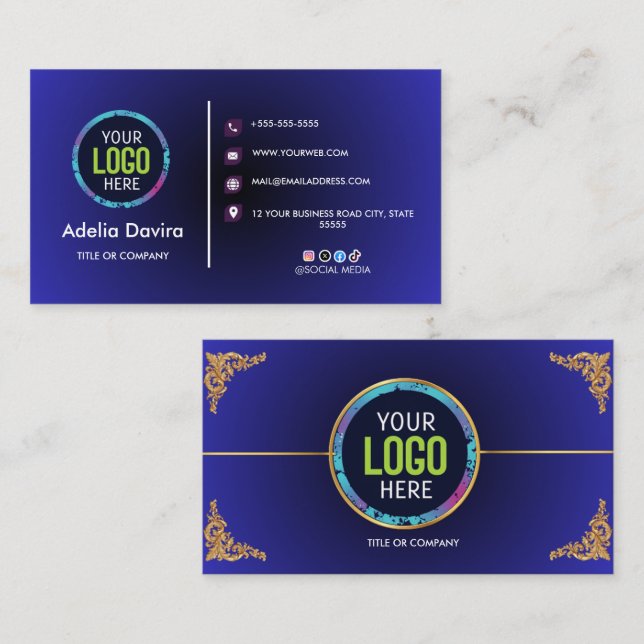 Elegant Blue Gold Professional Business Card Visitkort (Fram/baksida)