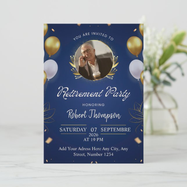 Elegant Blue Gold Retirement Party Invitation Inbjudningar (Stående Fram)