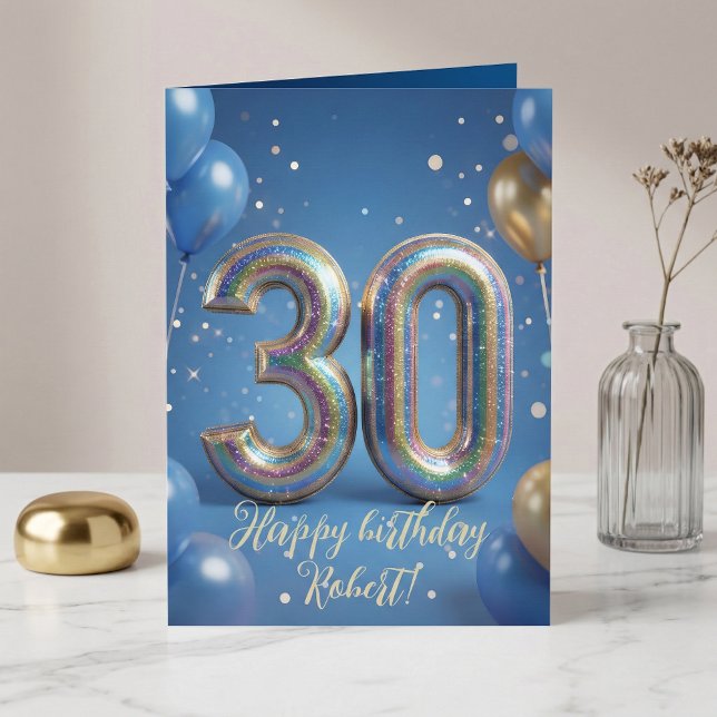 Elegant Blue Gold Sparkly Balloons 30th Birthday Kort (Skapare uppladdad)