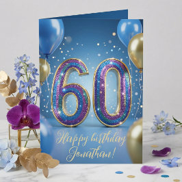 Elegant Blue Gold Sparkly Balloons 60th Birthday Kort