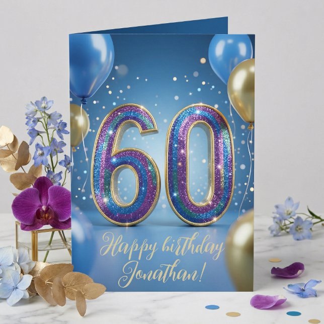 Elegant Blue Gold Sparkly Balloons 60th Birthday Kort (Skapare uppladdad)