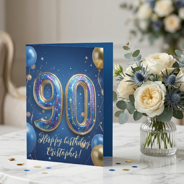 Elegant Blue Gold Sparkly Balloons 70th Birthday Kort (Skapare uppladdad)