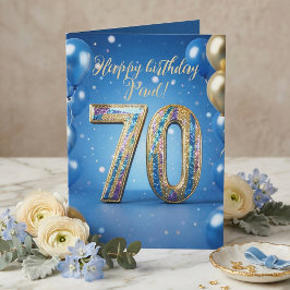 Elegant Blue Gold Sparkly Balloons 70th Birthday Kort