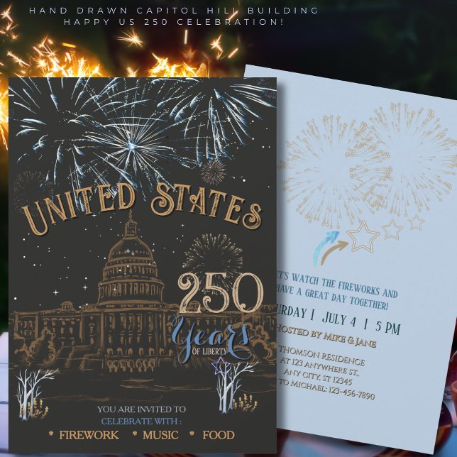 Elegant Blue & Gold US 250 Capitol Inbjudningar (Elegant Blue & Gold US 250 Capi Invitation)