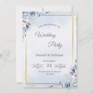 Elegant Blue & Gold Wedding Invitation Inbjudningar