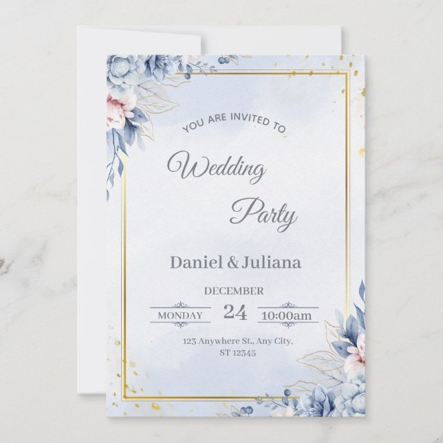 Elegant Blue & Gold Wedding Invitation Inbjudningar (Framsida)