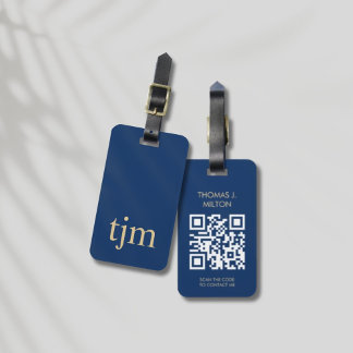Elegant Blue Golden Bold Monogram QR-kod Bagagebricka