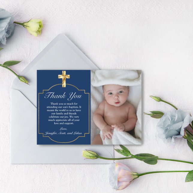 Elegant Blue Golden Kor Boys Baptism Tack Kort (ELEGANT NAVY BLUE GOLD CROSS PHOTO BAPTISM THANK YOU CARD WITH ENVELOPE)