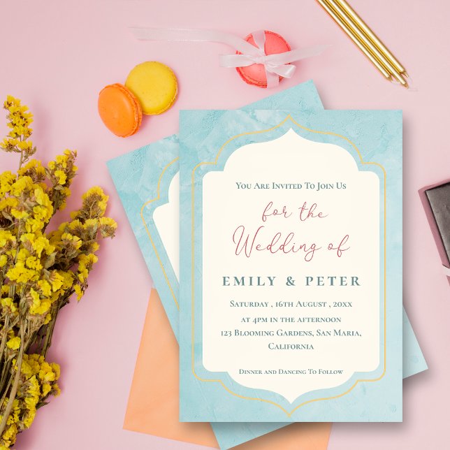 Elegant Blue Golden Ram minimalistisk Bröllop Inbjudningar (Elegant Blue Golden Frame Minimalist Wedding Invitation)