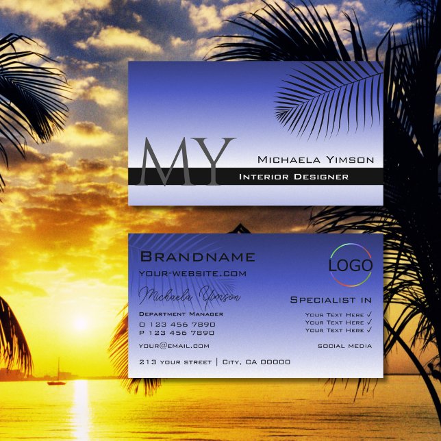 Elegant Blue Gradient Handflatan Löv Monogram och  Visitkort (Skapare uppladdad)