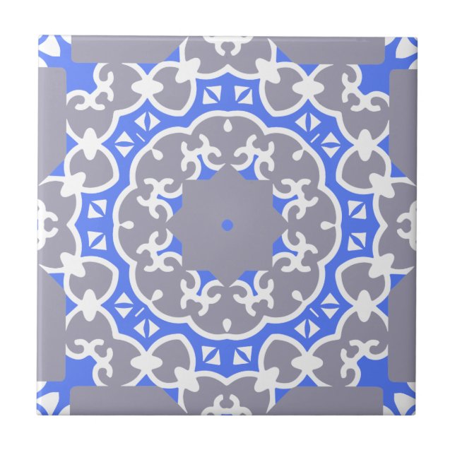 Elegant Blue Grått and White Classy Damask Pattern Kakelplatta (Framsidan)