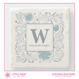 Elegant Blue Grått Blommigt Monogrammad Stenunderlägg