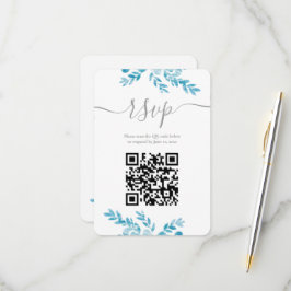 Elegant Blue Grått Blommigt QR-kod Bröllop OSA Kort
