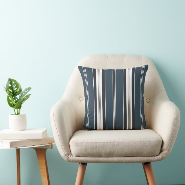 Elegant Blue Grått Fransk Ticking Rand Kudde (Stol)
